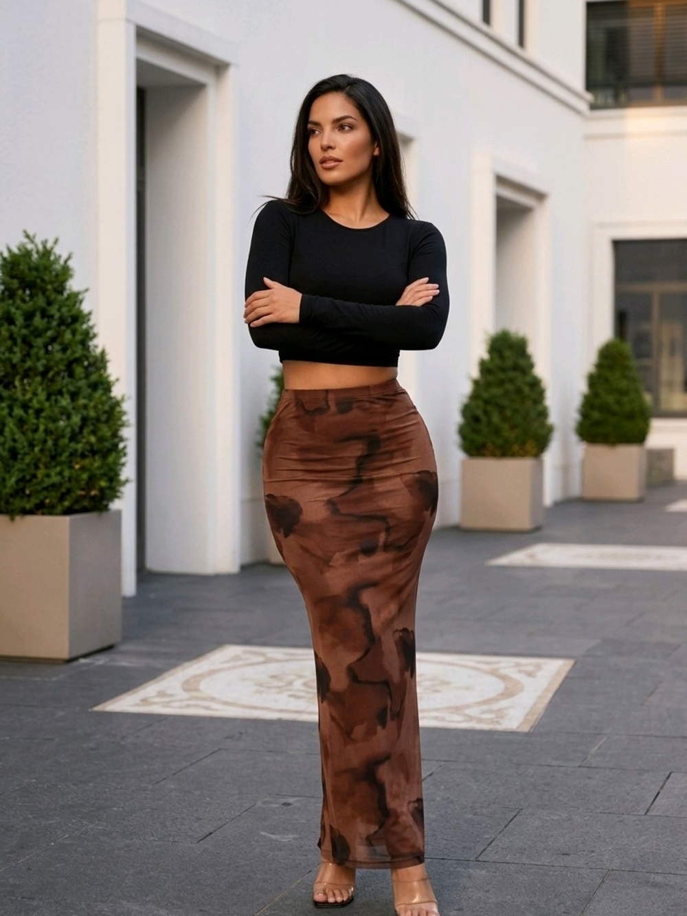 SHEIN Rafferiza Women's Elegant Chaotic Stretch Mesh Tight Hip Slit Maxi Skirt